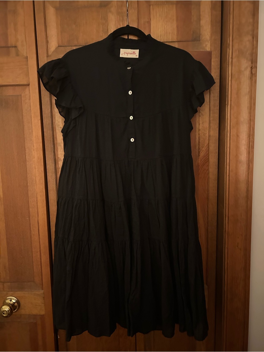 Papinelle Womenโs M Black Flowy Tiered Cotton Semi-Sheer Nightgown W Cap Sleeves
